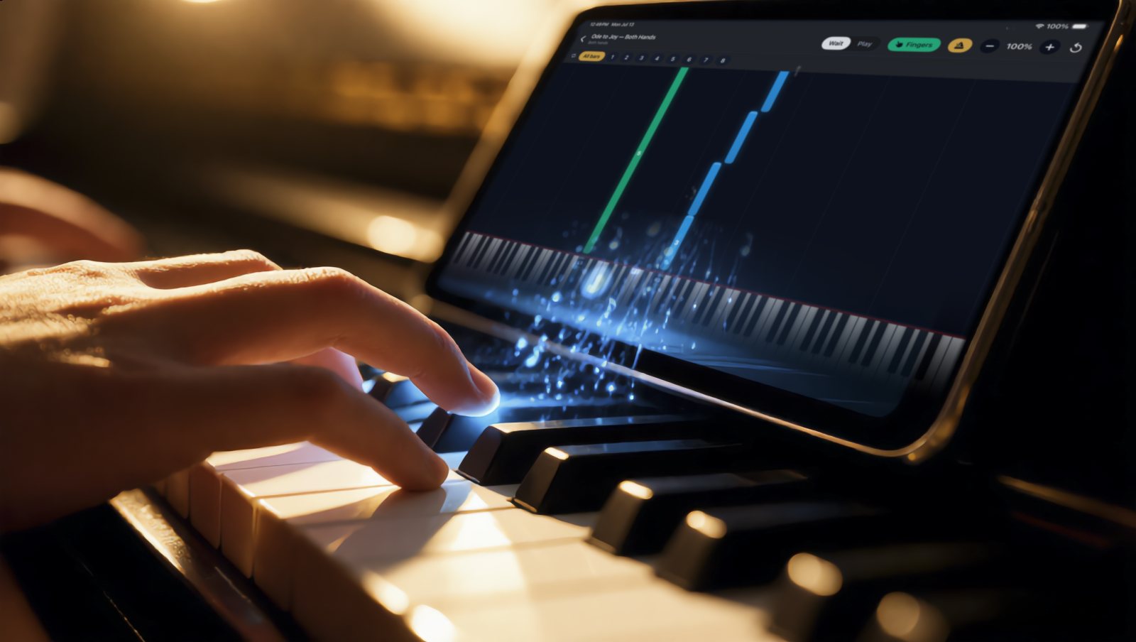 A hand plays a MIDI keyboard while KeyStage on an iPad shows the same music as falling notes, light spilling from the screen onto the keys being played.