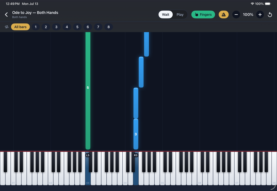 The KeyStage player: blue and green notes falling onto a full 88-key on-screen keyboard while playing Ode to Joy with both hands