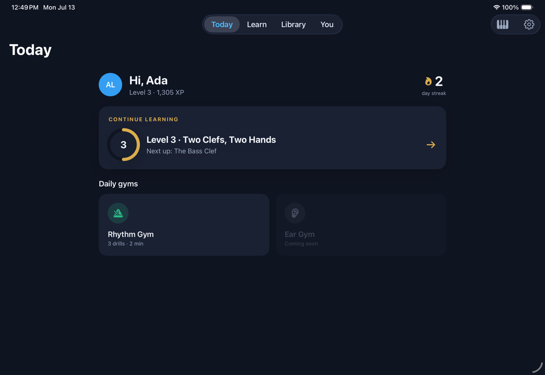 The Today screen: greeting, streak counter, the next lesson in Level 3, and the daily rhythm gym